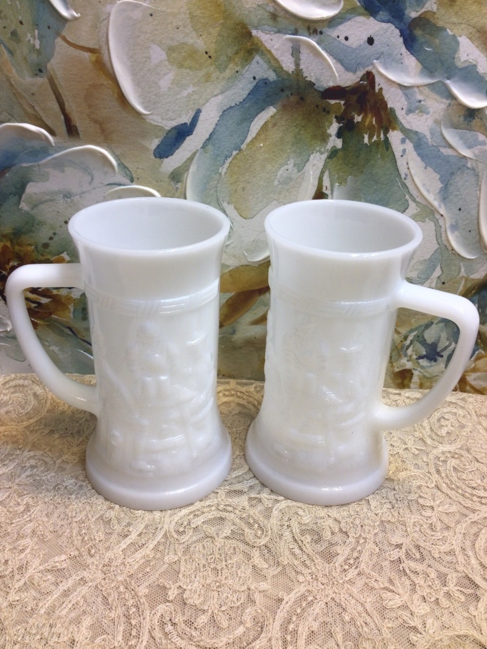 Vintage Federal Milk Glass 6" Tall Mug Stein 2 Beer Glass Tavern Scene Embossed